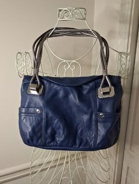b. makowsky Navy Leather Shoulder Tote with Silver Hardware